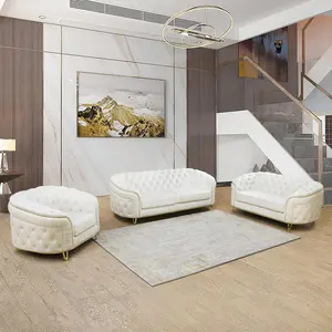 Modern Luxury 3-Piece Sofa Set with Button Tufting & Metal Legs in White Leather for Living Room & Home Office