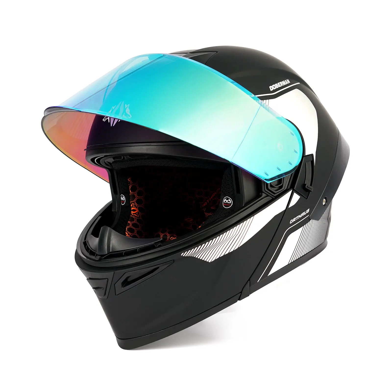 OTS Dobermann Matte Black Silver Flip-Up Helmet with LED Spoiler & Chrome Visor for Enhanced Visibility DOT Approved for Safety