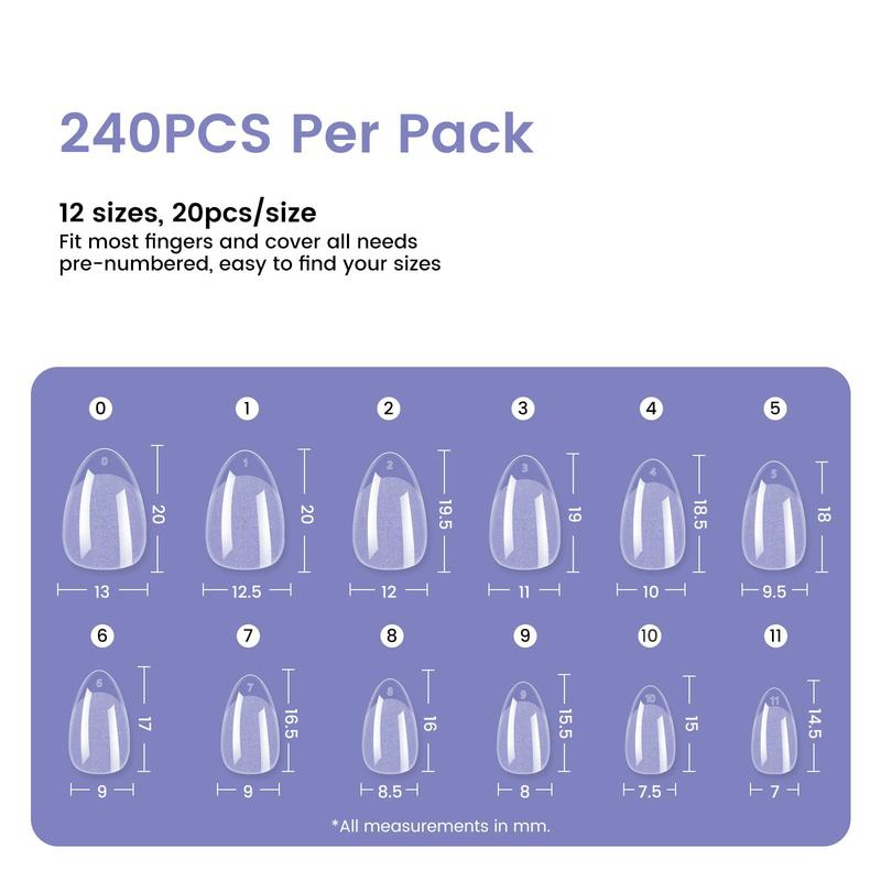 Almond Nail Tips 240Pcs, Small Soft Gel Fake Nails with 12 Sizes, Full Cover Clear Press On Nails for Girls, DIY Nail Extension at Home or Salon