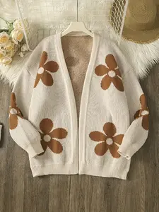 Women's Plus Size Knitted Sweater Cardigan, Long Sleeve Floral Pattern, Casual Daily Wear, Pure Color, Valentine's Day Gift