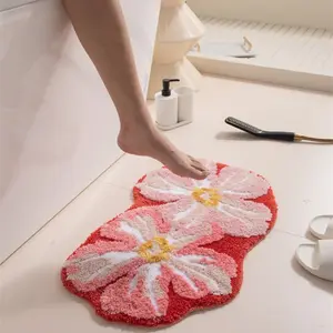 Cute Cartoon Flowers Bathroom Mat, Non-Slip Flocked Polyester, Water-Absorbent, Easy to Clean, Machine-Washable, Soft and Comfortable