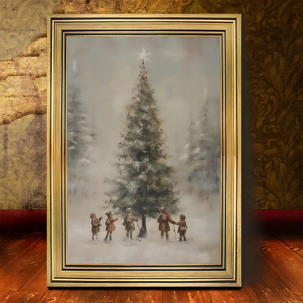 1pc Vintage Black Golden Frame Canvas Painting Christmas tree surrounded by children, Christmas present Give Family And Friends Holiday Gifts For Living Room, Home Wall Decoration