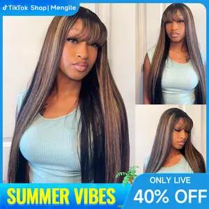 Live Menglle Hair Honey Blonde highlight 13x4 Long Straight With Bangs Glueless Human Hair Lace Front Wig Burgundy Silky Straight Lace Wig Easy Wear 180% Density#tiktokshopholidayhaul#Summervibes