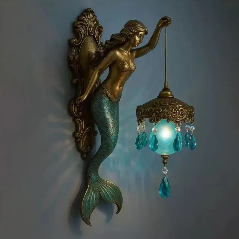 Mermaid Wall Mounted Night Light, Decorative Wall Lamp, Battery Operated Lamp, Mermaid Wall Sconce, Fashion Creative Ornament, Home Decoration, Wireless Retro Battery Powered, Illuminated Night Light