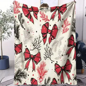 Christmas bow pattern, suitable as a Christmas gift, soft, warm and lightweight plush blanket, suitable for bed, sofa, car, room decoration