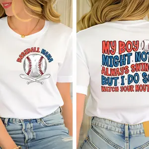 Baseball Mama T-Shirt | My Boy/My Girl Might Not Always Swing | Front & Back Print | Baseball Mom Funny Sarcasm Tee | Game Day Shirt