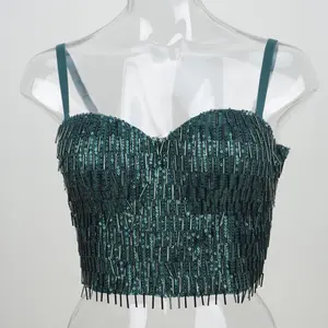 Christmas Color Fringe Strappy Bustier | Stage Performance Corset Top | Nightclub Sequin Top with Boning