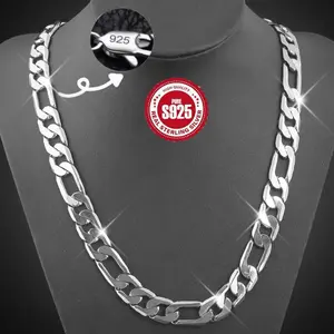 1pc Silver Figaro Chain 925 Silver Plated Stylish 12mm Men's Flat Figaro Link Chain Necklace men's accessories Festive Christmas couples gift High-quality souvenir