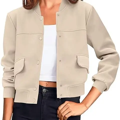 Tankaneo Womens Cropped Bomber Jackets Casual Button Down Long Sleeve Stand Collar Varsity Shacket Coats