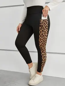 【Plus Size】 Patchwork Leopard Print Pocket Sports Leggings, High Waist Skinny Pants for Yoga Gym Workout, Sports Bottoms