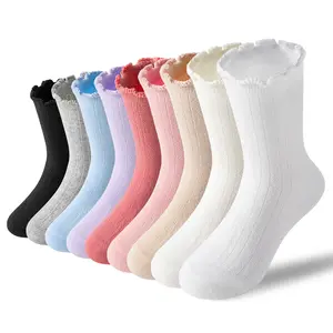 9 Pairs Girls Kids Ruffle Socks Uniform School Dress Crew Cotton Textured Breathable Socks