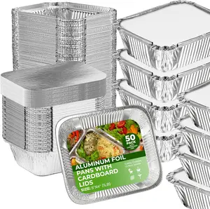 100 PCS Food Grade Disposable Small Aluminum Foil Food Containers Rectangle Aluminium Foil Baking Pan/Trays with Lids
