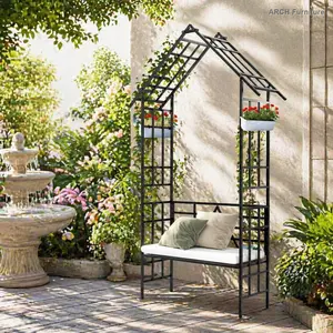 Black Metal Garden Arch with Bench, 58.07in W x 97.24in H Rose Arch Flower Stand, Outdoor Climbing Plant Support
