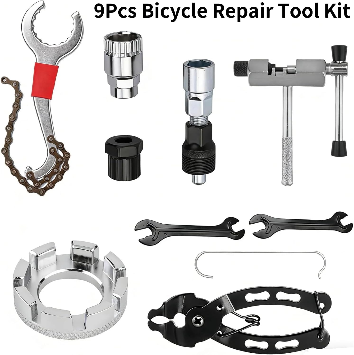 9Pcs Bicycle Repair Tool Kit Professional Bike Repair Tools Set  for Mountain Bike with 3-in-1 Cassette Remover Wrench Crank Puller Extractor Bottom Bracket Freewheel Remover Link Pliers Chain Breaker