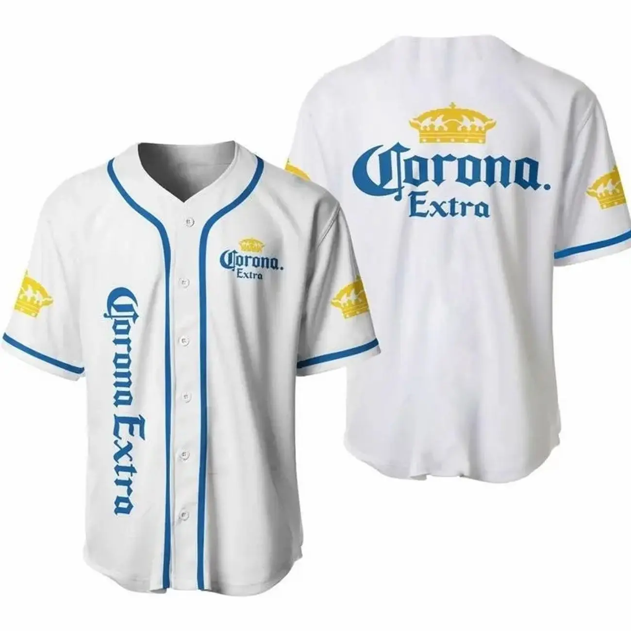 Corona Extra Crown Logo Baseball Jersey Shirt Unisex White Blue Summer Casual Loose Fit Beach Party Streetwear Hip Hop Men Women Oversized Sport Gym Outfit J7R