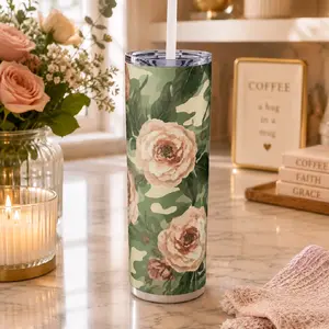 20oz Vintage Floral Camo Skinny Tumbler with Straw – Sage Green Rose Stainless Steel Travel Cup