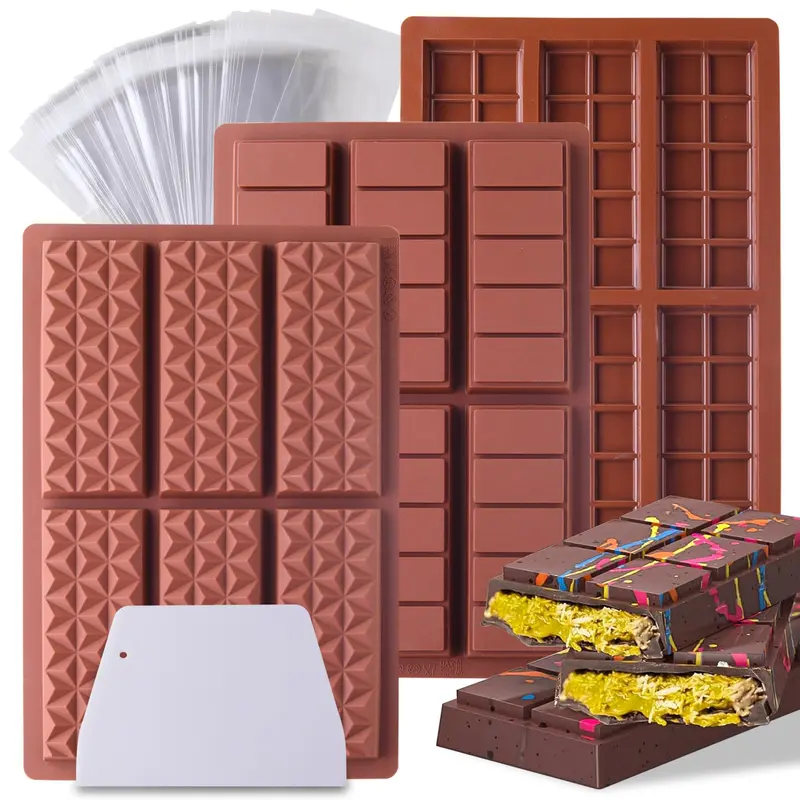 Silicone Chocolate Bar Mold Set, 3 Counts Chocolate Bar Mold with 100 Clear Bag & 1 Scraper, Baking Mold for Home Kitchen, Reusable Chocolate Mold, Silicone Baking Molds