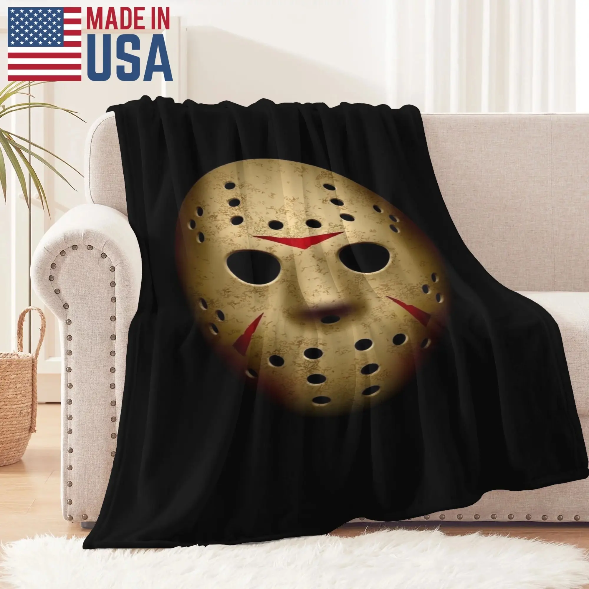 Jason Voorhees Hockey Mask Friday The 13th Classic Flannel Throw Blanket - Vintage Slasher Horror Flat Weave Fleece Blanket, Halloween Theme Spooky Gothic Living Room Decor, Ideal Gift for Horror Fans, Mask Print