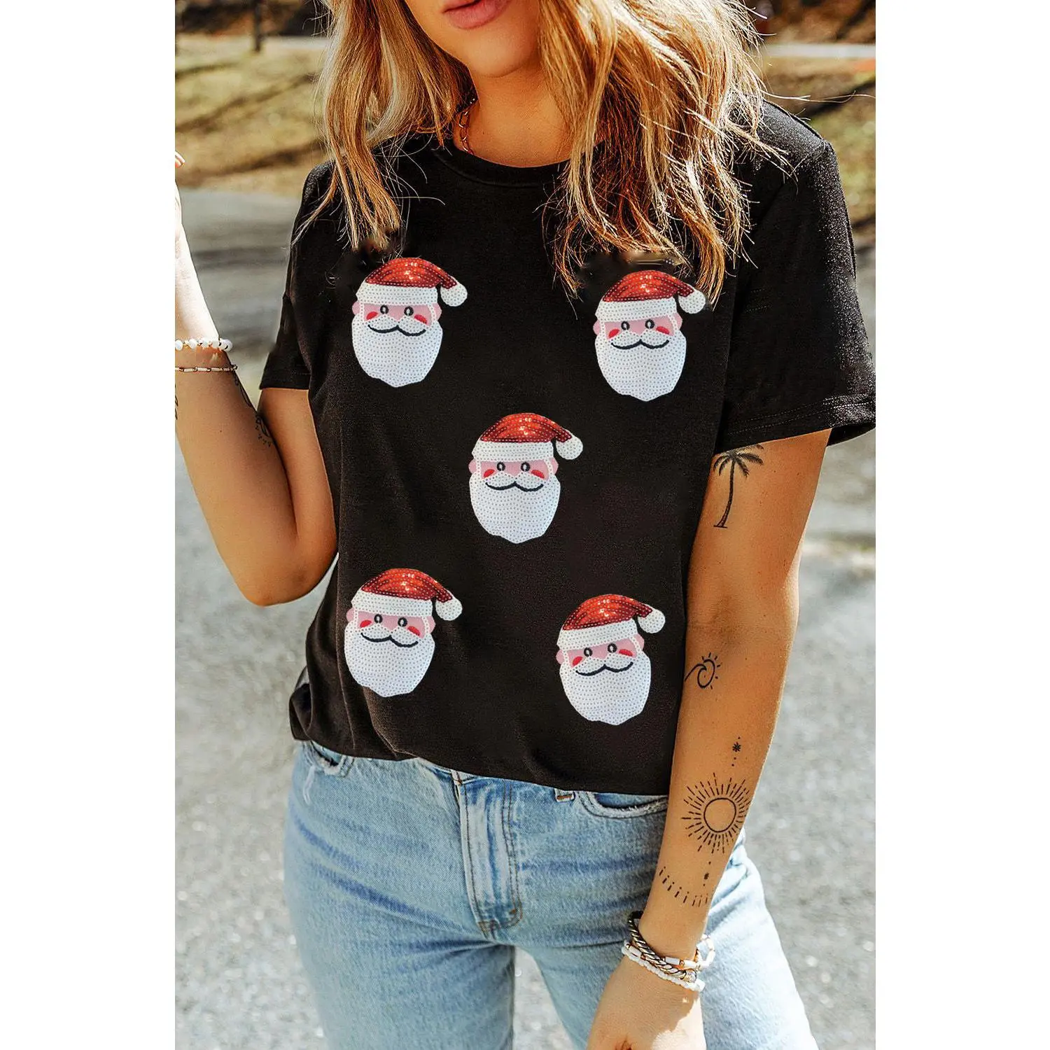 Black Faux Sequin Christmas Claus Pattern Crewneck T Shirt
