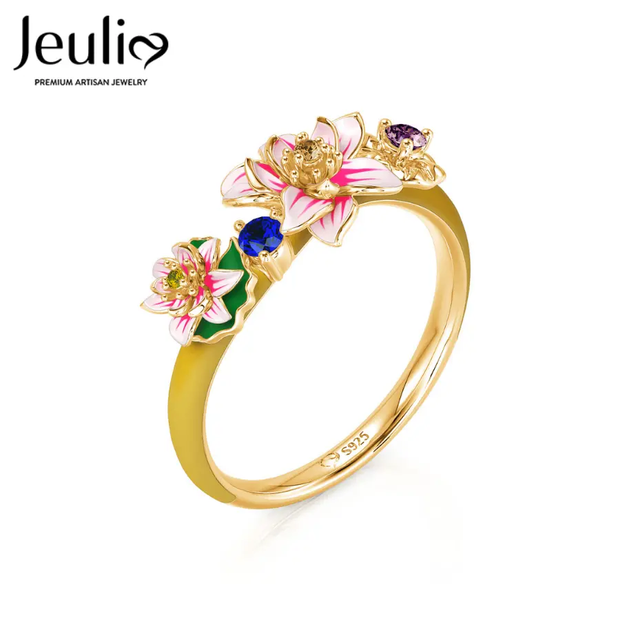 Jeulia "Tenderness in the Pond" 20 mm S925 Sterling Silver Lotus Enamel Ring - Women's Cute, Elegant, Fashion Beautiful Stackable Fine Jewelry with Jeulia Side Stone, Monet-Inspired, Gift Box Included, Cute Rings
