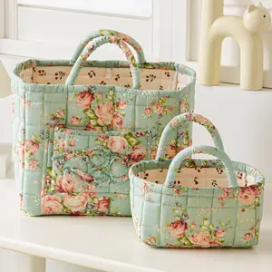 2 Pack Boho Quilted Storage Baskets Cotton Fabric Organizer Bins with Handles Collapsible Storage for Home