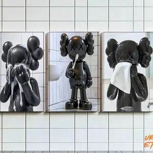 Set of 3 Black Kaws in Shower & Bathroom, Kaws Poster, HypeBeast Prints, Washroom Wall Art, Bathroom Decor Poster No Frame Decoration Artwork