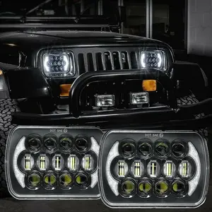 2PCS 5x7 Headlights Pair Compatible with Chevy Express 1500 2500 3500 Cargo Van F-150 F-250 F-350 Wrangler YJ Cherokee XJ Kenworth T300 Hi/Low Sealed Beam White/Amber Halo