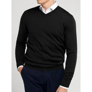 Men'sCasualV-NeckLongSleevePulloverSweater-SolidColorBlack,KnitFabric,ComfortFitforFall/Winter