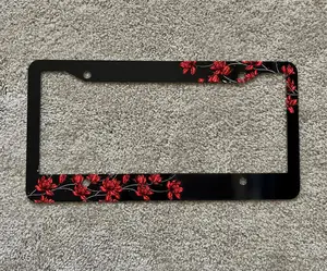 Black License Plate Frame with Red Floral Design – Aluminum Car Accessory