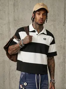 Men's Cropped Polo Shirt Black White Wide Stripe Cotton Fabric with Embroidered Logo Casual Streetwear Retro Rugby Style Short Sleeve Summer Tops for Daily Wear Urban Fashion Statement #springsaledeals2026 #summeroutfits #menswear #retrostyle