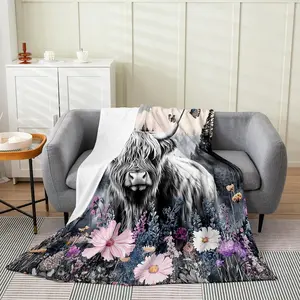 Highland Cow Flower Blanket 30x40 Bull Cattle Throw Blanket Western Funny Animal Fleece Flannel Wildlife Farmhouse Cow Mountain with Firforest Bedroom Decor