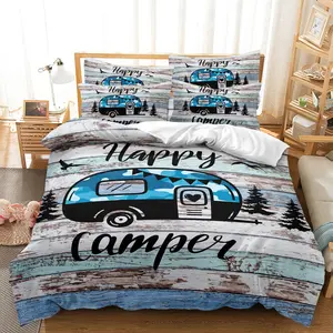 3pcs Camper Themed Printing Duvet Cover Set, Rustic Wood Grain Printing Bedding Decor,Suitable For Family Bedrooms And Dormitories (1* Duvet Cover + 2* Pillowcases,Core Not Included)