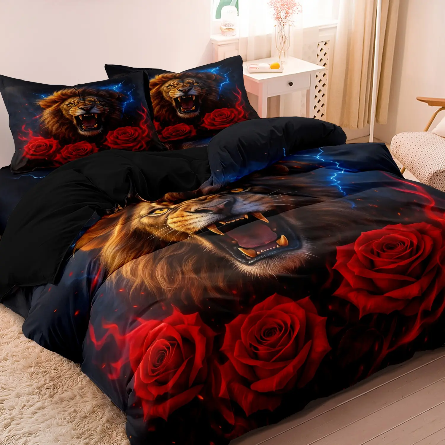 3Pcs Roaring Lion Red Rose Duvet Cover Set, Lightning Flame Wild Animal Floral Printed Bedding, Comfy Bed Sets for Bedroom Home Decoration, Multiple Sizes Available (1 Duvet Cover + 2 Pillowcases, No Comforter No Pillow)