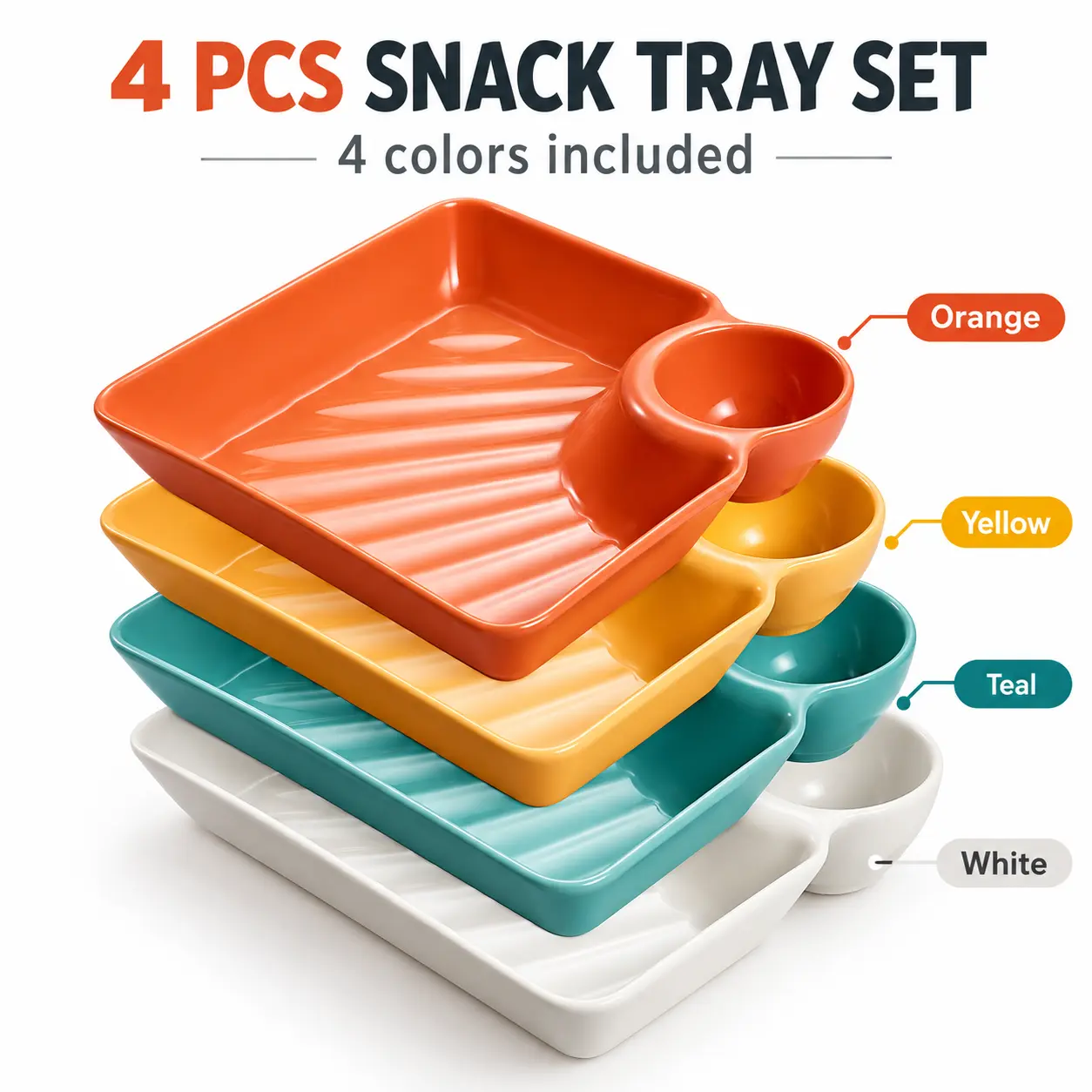 4Pcs Lightweight Square PP Compartmentalized Dipping Sauce Plates, Divided Plastic Serving Dishes for Dumplings, Camping, Picnic, Multi-Color Portable Kitchen Tableware