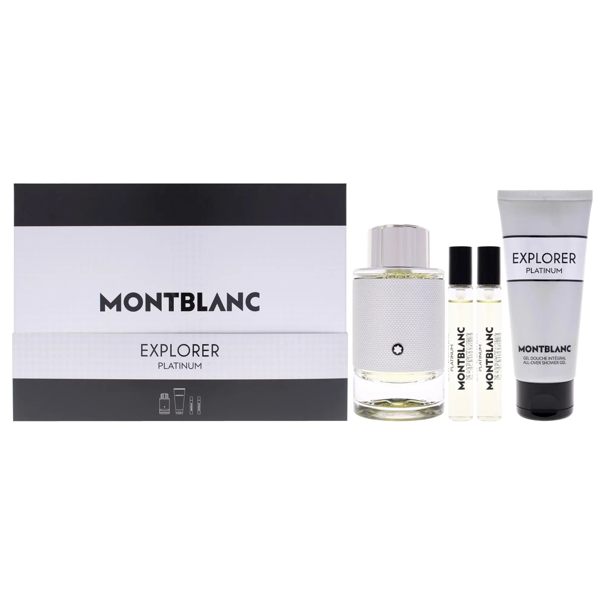 Mont Blanc Explorer Platinum Men's 4-Piece Gift Set - Multi-Size Fragrance Kit Includes 3.3oz EDP Spray, 2x0.25oz Mini EDP Sprays, All-Over 3.3oz Shower Gel, Four Pieces