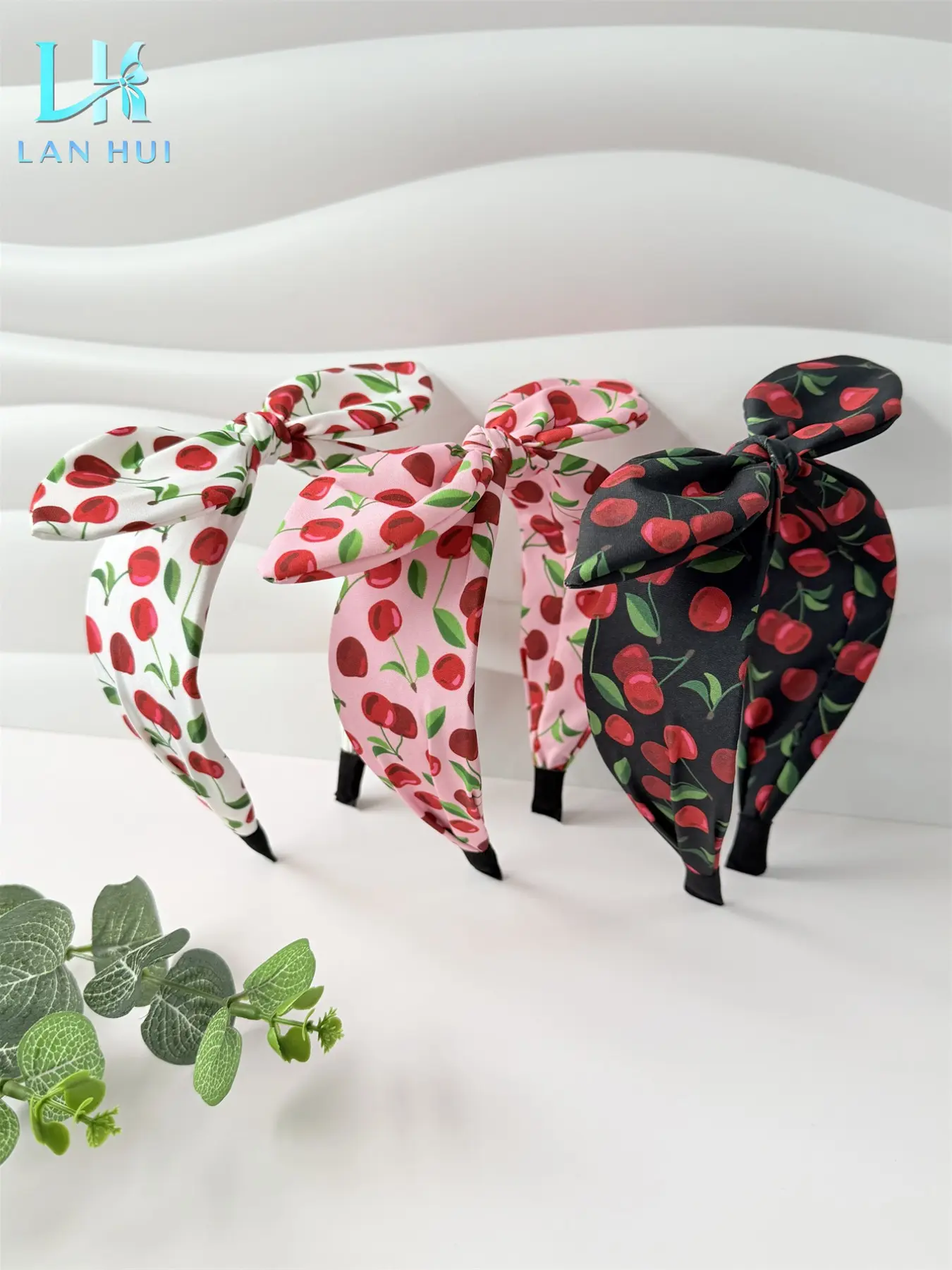 Women's Cute Cherry Print Bunny Ears Hairband Set, Spring Summer Fabric Bow Headbands in, Bohemian Style Accessories, Boho Hair Accessories, Fashion Hair Accessories