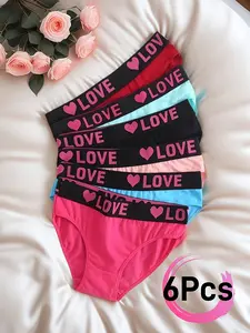 6pcs, Women's Seamless Heart-shaped Printed Underwear, Heart-shaped Letter Underwear, Comfortable, Breathable, Elastic Waistband Underwear, Fashionable Sports Underwear, Soft Summer Bikini Underwear