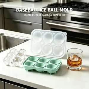 6 cavities, 2.2-inch silicone baseball/ice hockey mold; one-press release, reusable; slow-melting spherical ice maker for whiskey, cocktails, and home bars; a must-have ice maker for sports-themed parties.