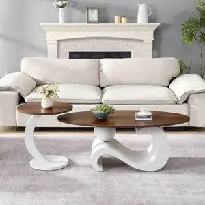 White Nesting Coffee Table Set of 2 – Oval & Round Tables, Large 47.24'' & Small 19.69'' for Living Room, Lounge & Apartment| Stylish Modern Accent Tables for Small Spaces