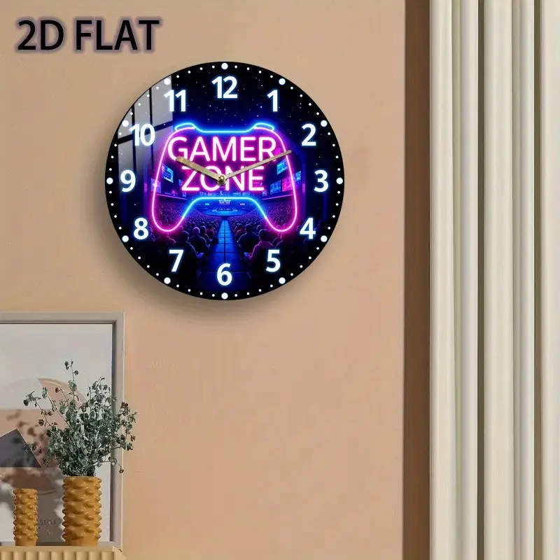 Round Neon Wall Clock for Gamers, Flat 2D Acrylic Design, Quartz Movement, Requires Aa Batteries, Perfect for Bedroom, Kitchen, Office, Garage