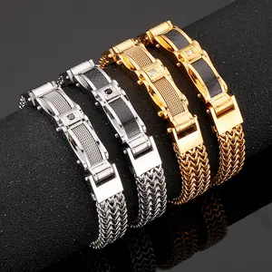 Men's Exquisite Bracelet, Gold and Silver Stainless Steel Chain Bracelet, Men's Imitation Diamond Square Bracelet, Magnetic Clasp Fashion Jewelry Party Cool Holiday Accessory, Father's Day Gift