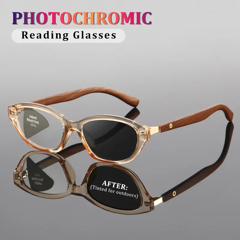Photosensitive color-changing fashion cat-eye anti-blue light reading glasses with wood grain legs. Reading glasses that automatically turn into sunglasses when exposed to light. Anti-ultraviolet reading glasses for middle-aged and elderly people.