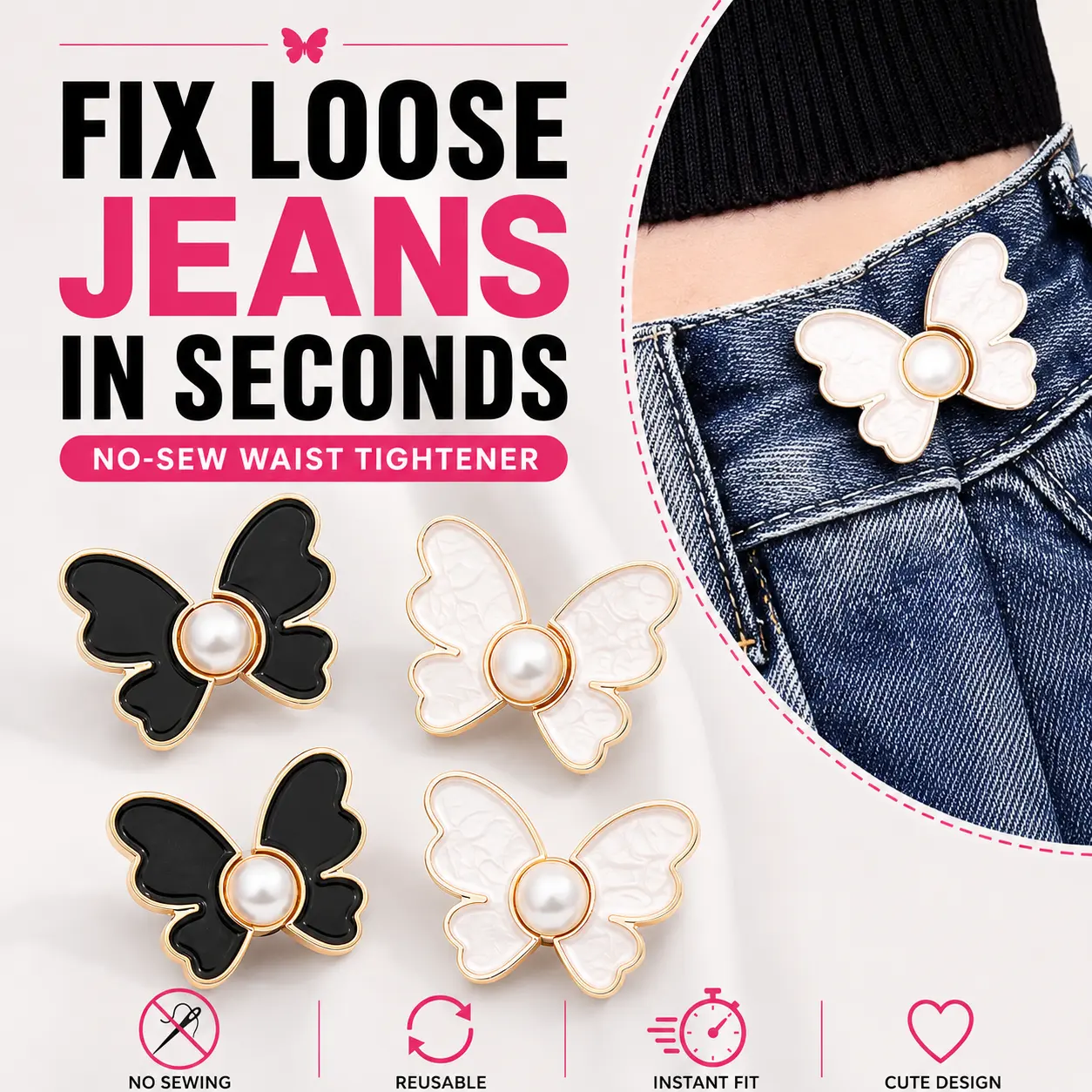 4PCS No-Sew Butterfly Waist Tightener Buttons for Jeans, Reusable Adjustable Waist Buckle Pins, Instant Jean Waist Reducer, Removable Pants Waist Adjuster