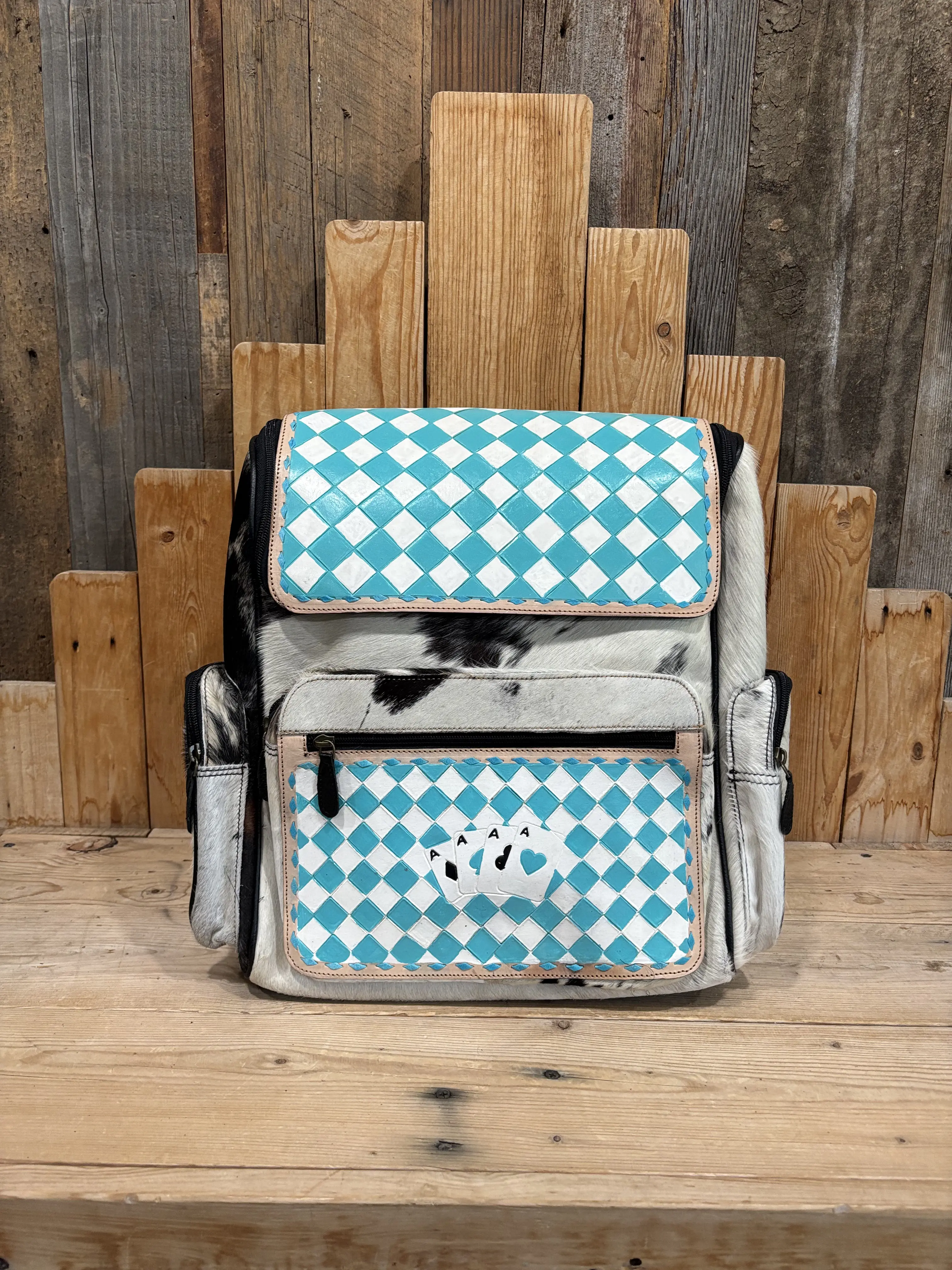 Turquoise Checkered Cowhide Backpacks!