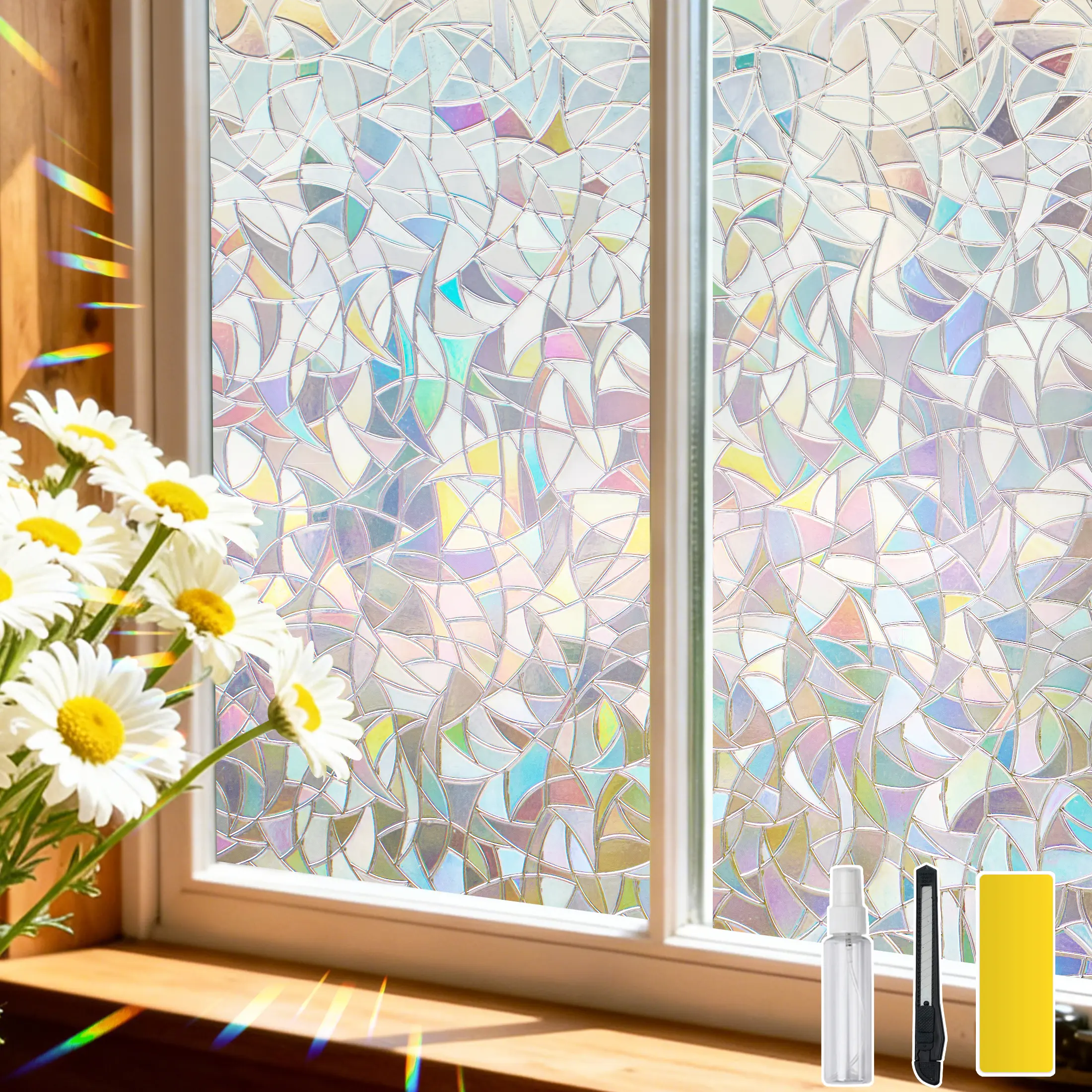 Dktie 17.7in x 78.7in PVC Rainbow Effect 3D Decorative Window Sticker Film - Electrostatic Cling, Anti-UV, Heat Blocking, 8-year Durable, Renter Friendly, Easy to Install with Included Tools, Easy-Remove Home Decor Item for Bedroom, Stickers to Decorate,