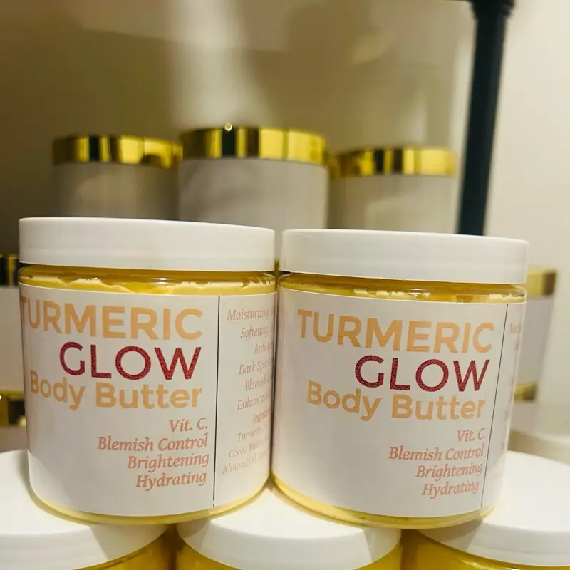 Turmeric Glow Body Butter - Vit C, Blemish Control, Brightening, Hydrating Formula in Jar with White Lid