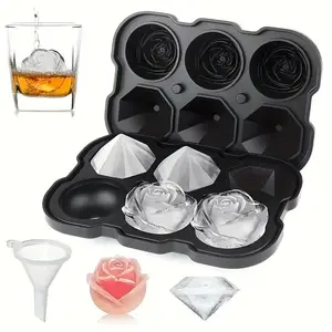 Rose Ice Cube Tray, 1 Set 3 Cavity Silicone Rose Ice Tray with Lid & Ice Scoop & Ice Clip, Easy Release Large Ice Cube Form Cooling Cocktail Whiskey and Juice, Ice Cube Mold