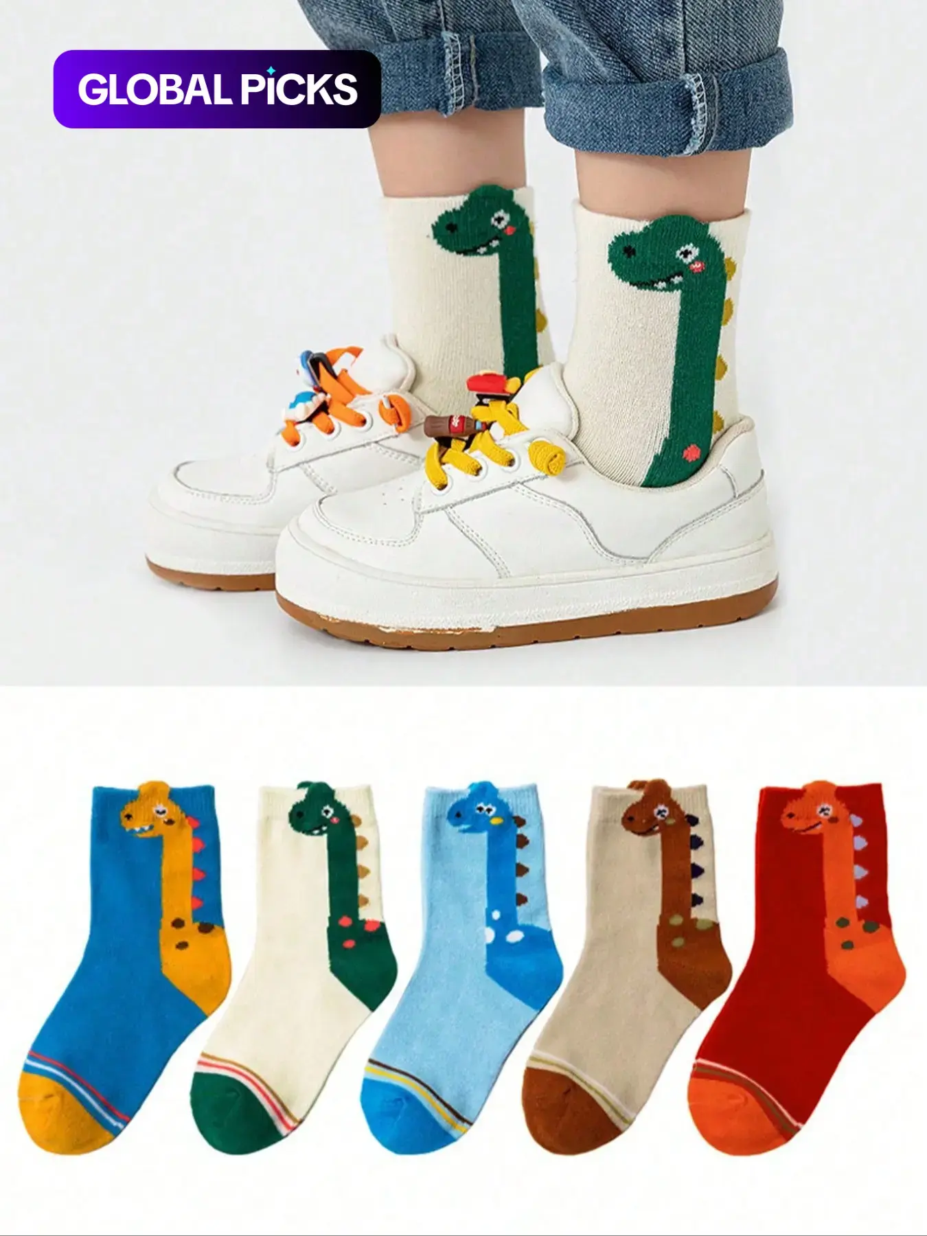 5 Pairs Kids Socks, Children, Cartoon Neck Dragon Dinosaur Design, Mid-Calf Length, Unisex Animal Socks for Spring & Fall, Casual Stylish Socks