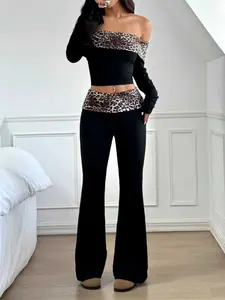 Women's Leopard Print Off-Shoulder Long Sleeve Top & Flared Pants Set, Fashionable Chic Two-Piece, Casual Wear