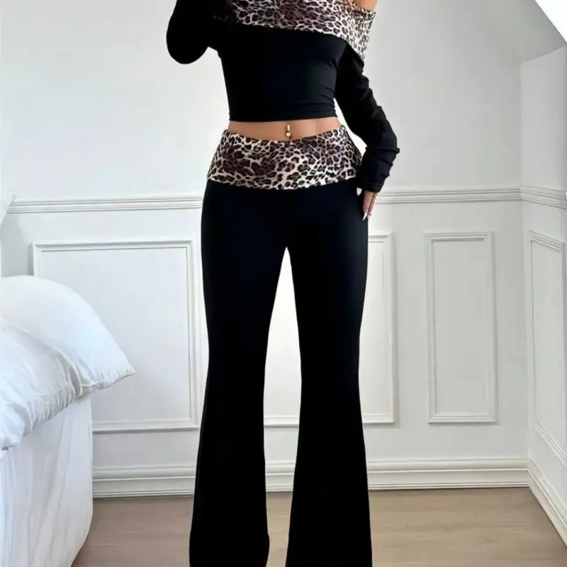 Women's Leopard Print Off-Shoulder Long Sleeve Top & Flared Pants Set, Womenswear, Fashionable Chic Style Two-Piece, Casual Wear